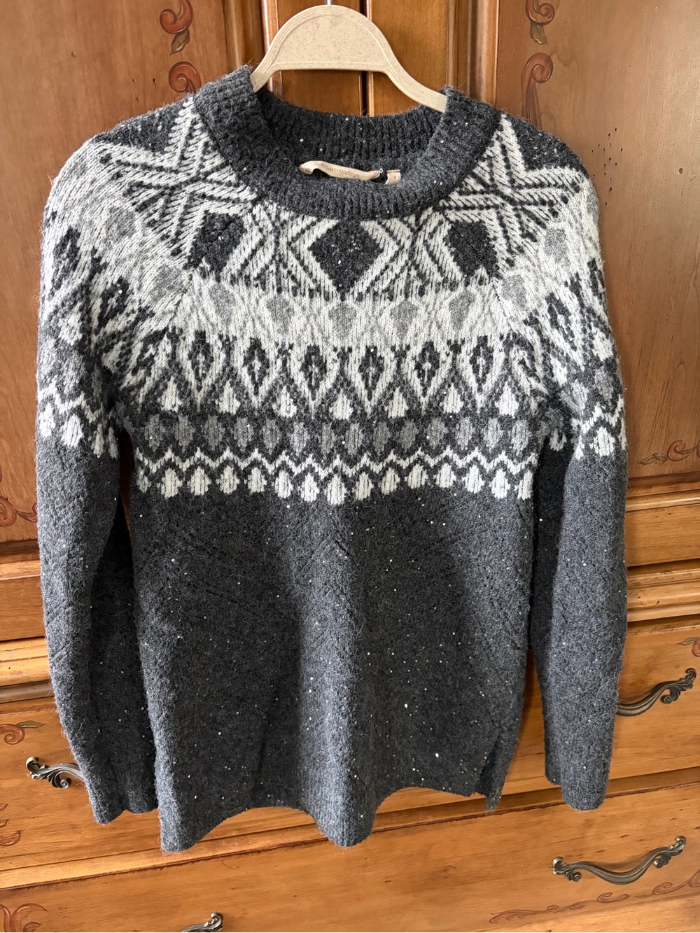Soft Surroundings Charcoal and White Fair Isle Crewneck Sweater
